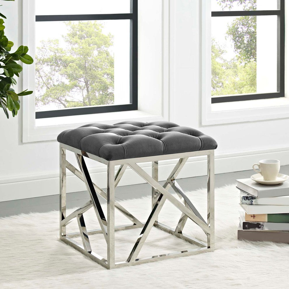 Modern Accent Chair Ottoman, Velvet Fabric Metal Steel, Gray