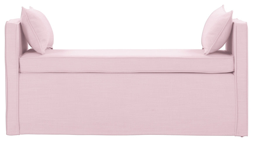 53" Light Pink And Black Upholstered Linen Bench