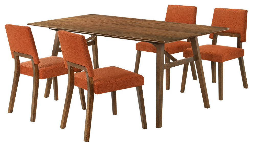 Channell 5-Piece Walnut Wood Dining Table Set With Orange Fabric, Orange, 5 Piece