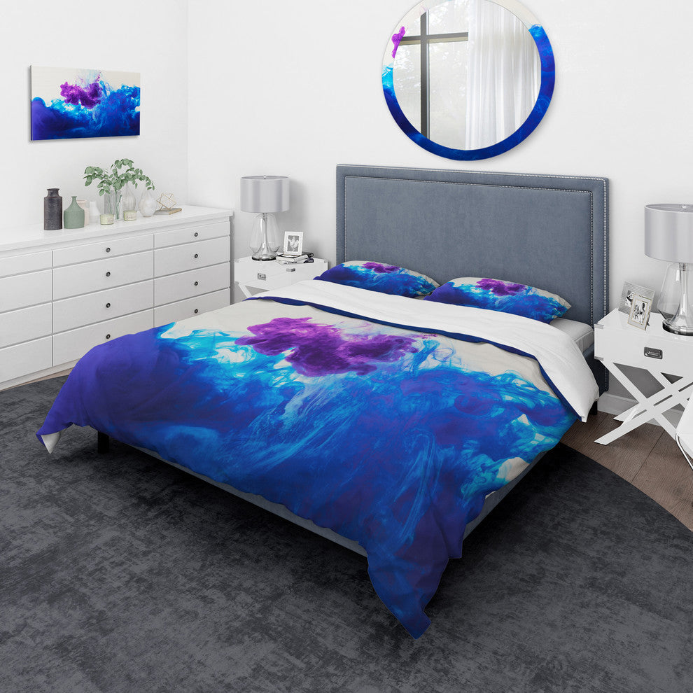 Blue and Purple ink Composition Mid-Century Duvet Cover, King