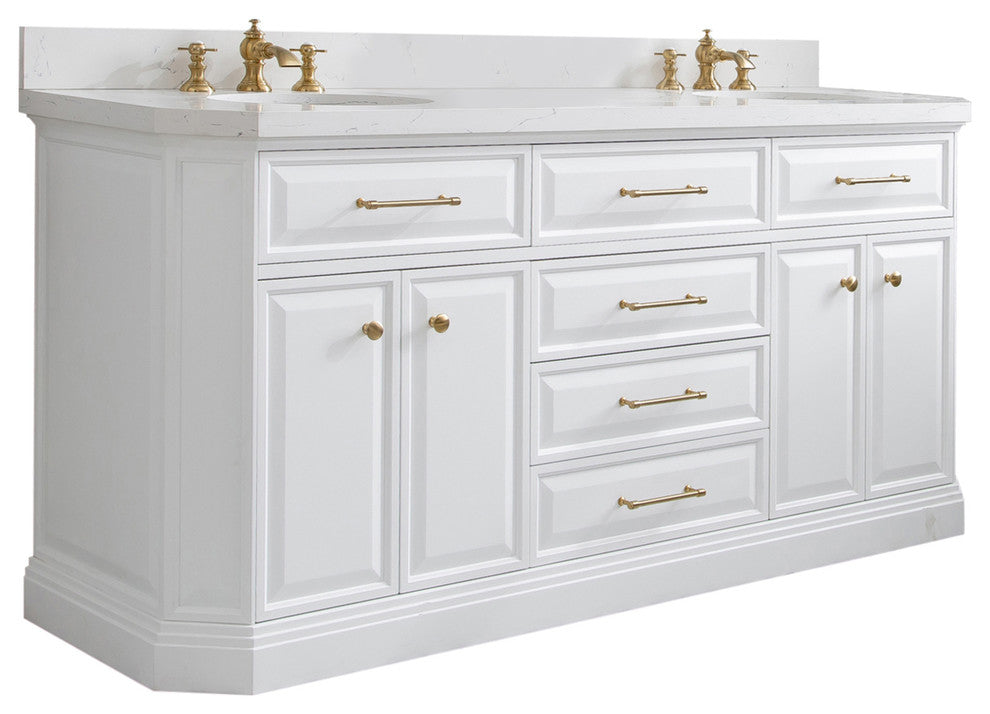 72" Palace Quartz White Vanity With Brass Hardware, Faucets and Chrome Mirrors