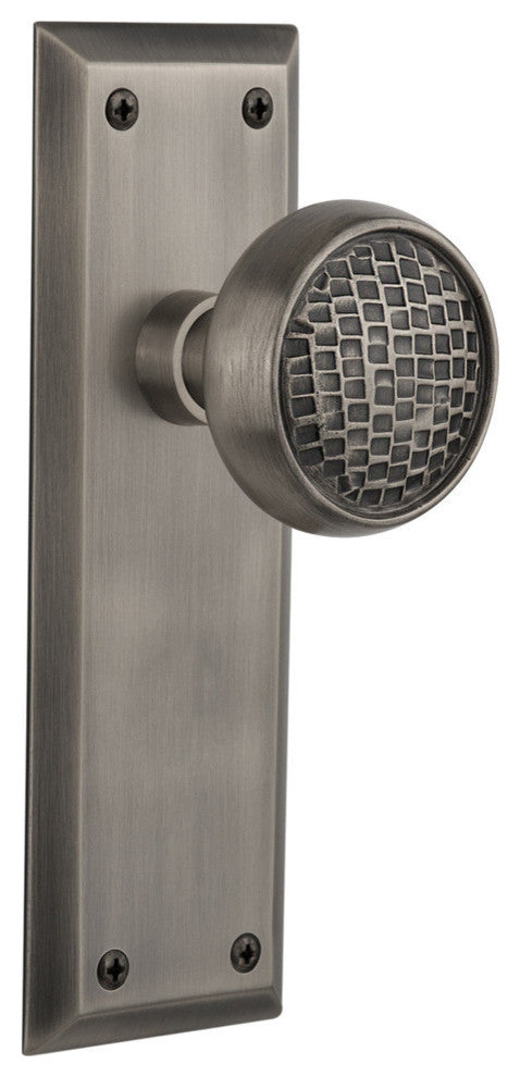 Double New York Plate With Round Clear Cottage Knob, Antique Pewter