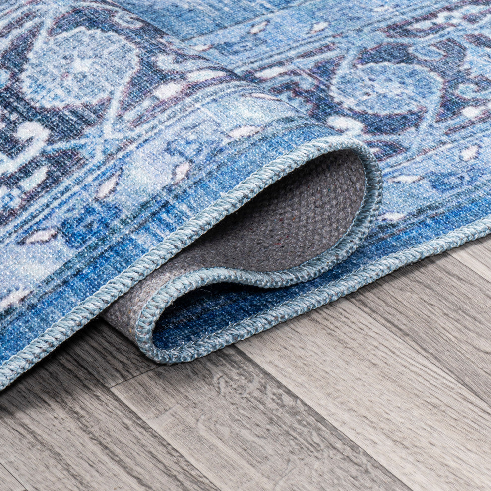 Maris Ornate Medallion Machine Washable Indoor Area Rug, Blue/Navy, 2 X 8