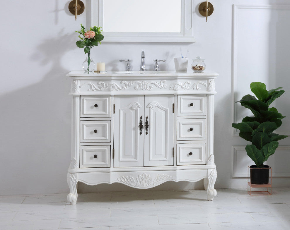 42" Single Bathroom Vanity, Antique White With Ivory White Engineered Marble