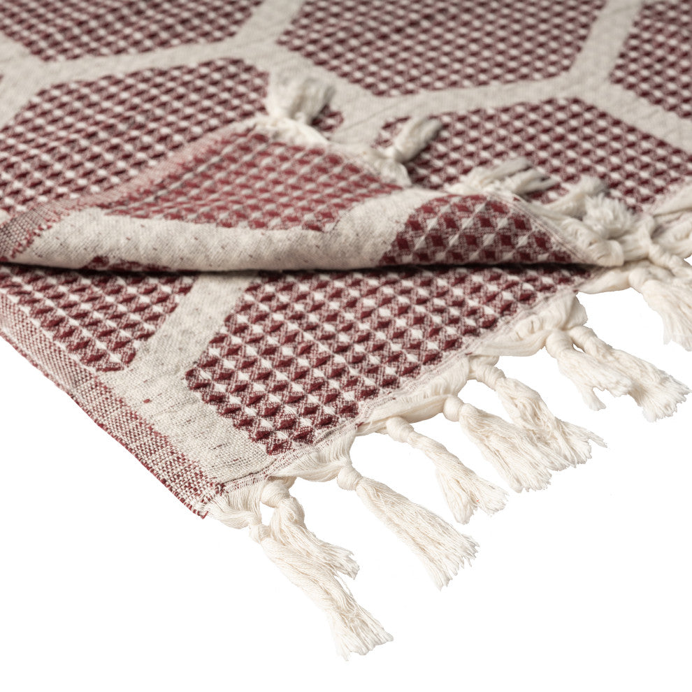 Blue/ Cream Geometric Turkish Organic Cotton Throw Blanket, Red