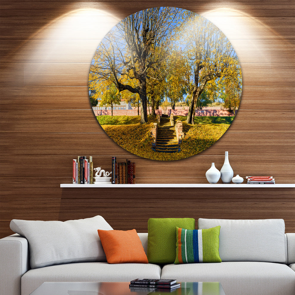 Stone Stairs In Park In Fall, Landscape Round Wall Art, 11"