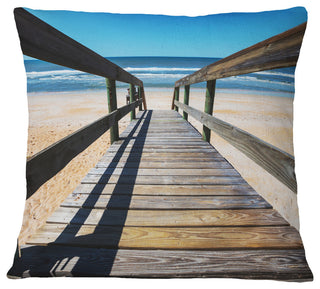Long Boardwalk into Blue Seashore Seashore Throw Pillow, 16"x16"
