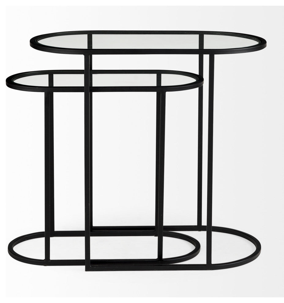 Celine Set of Two Black/Silver Metal and Glass Nesting Accent Tables