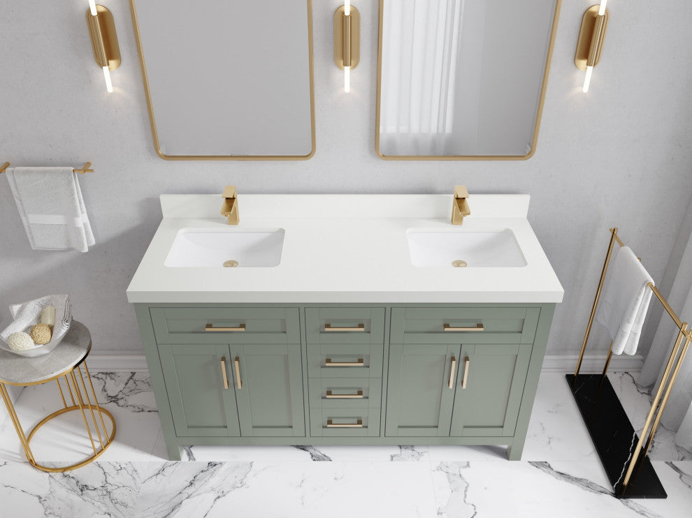 Cambridge 60" Double Bathroom Vanity in Evergreen 2" White Quartz