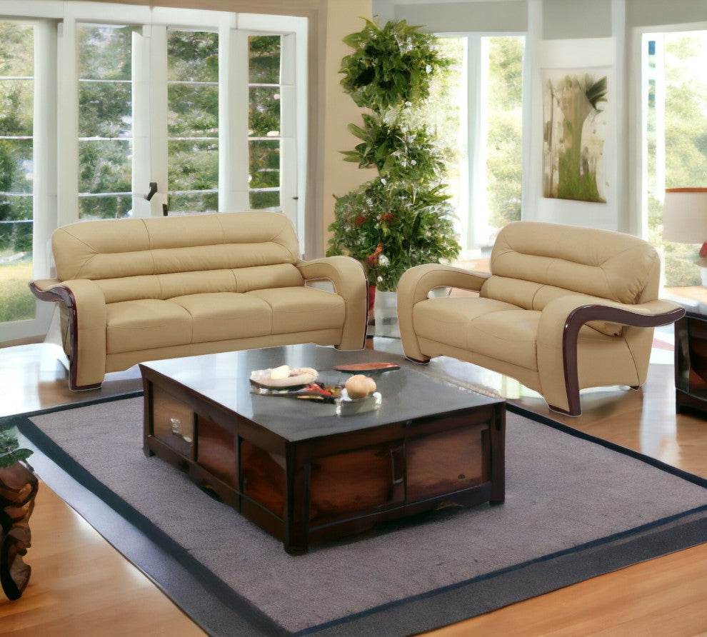 2-Piece Indoor Beige Genuine Leather Five Person Seating Set