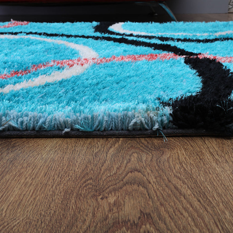 Hand Tufted Shag Polyester Area Rug Geometric Turquoise K00021, [Rectangle] 8'x10'