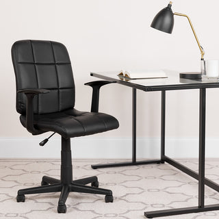Mid-Back Quilted Vinyl Swivel Task Office Chair with Arms, Black