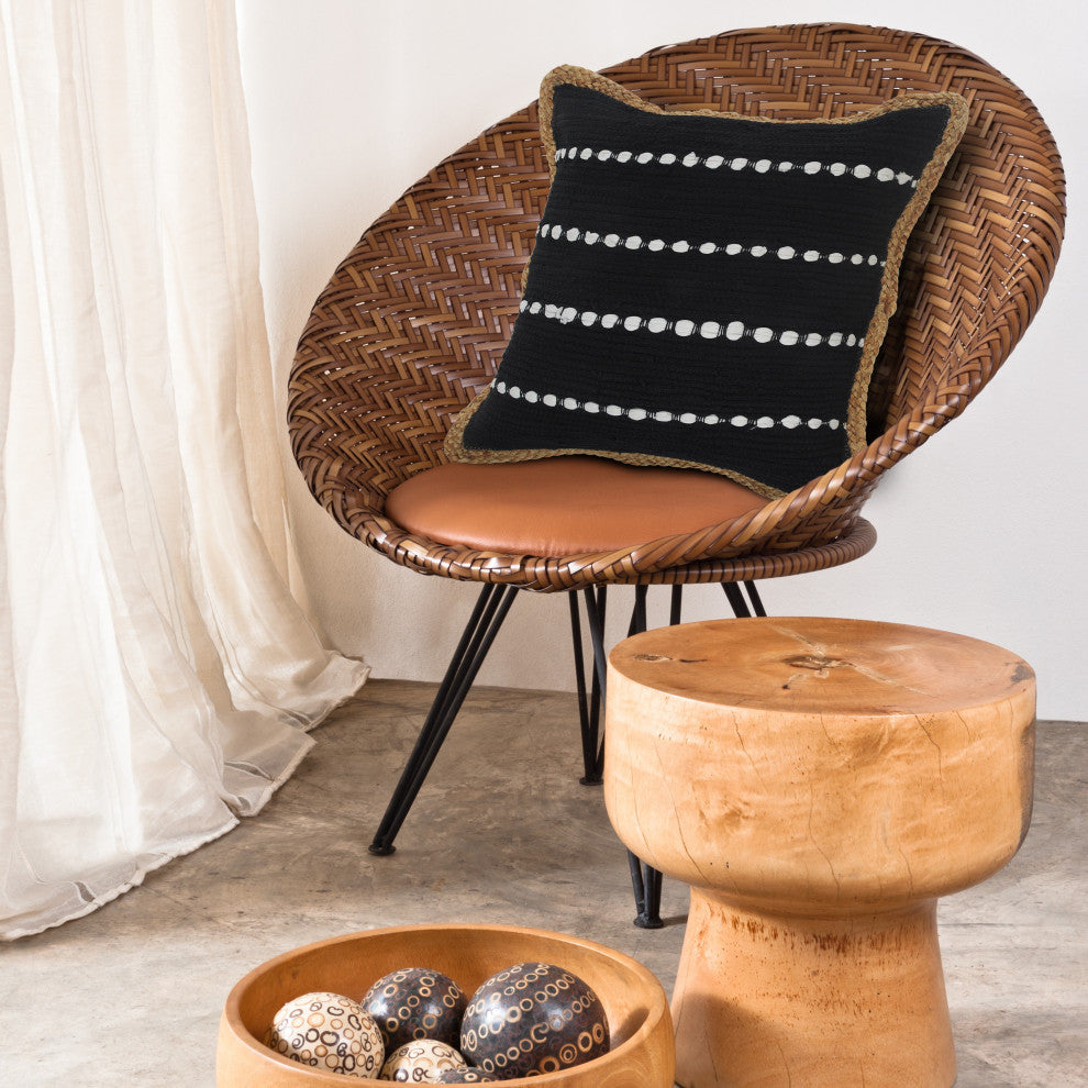 Black and White Striped Jute Bordered Throw Pillow