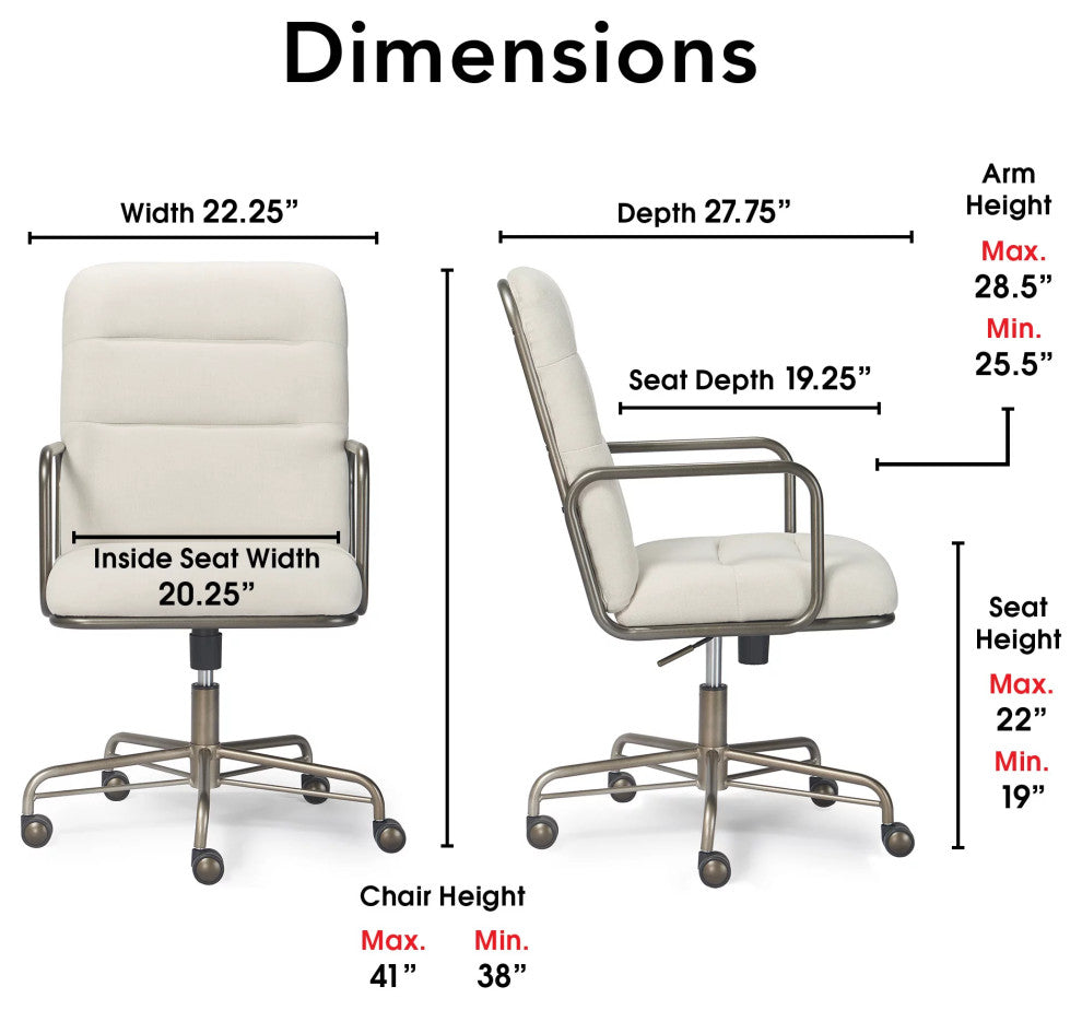Office Chair, Metal Frame With Caster Wheels & Adjustable Height, Cream White