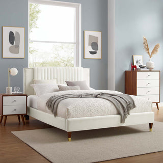 Zahra Channel Tufted Performance Velvet King Platform Bed, White