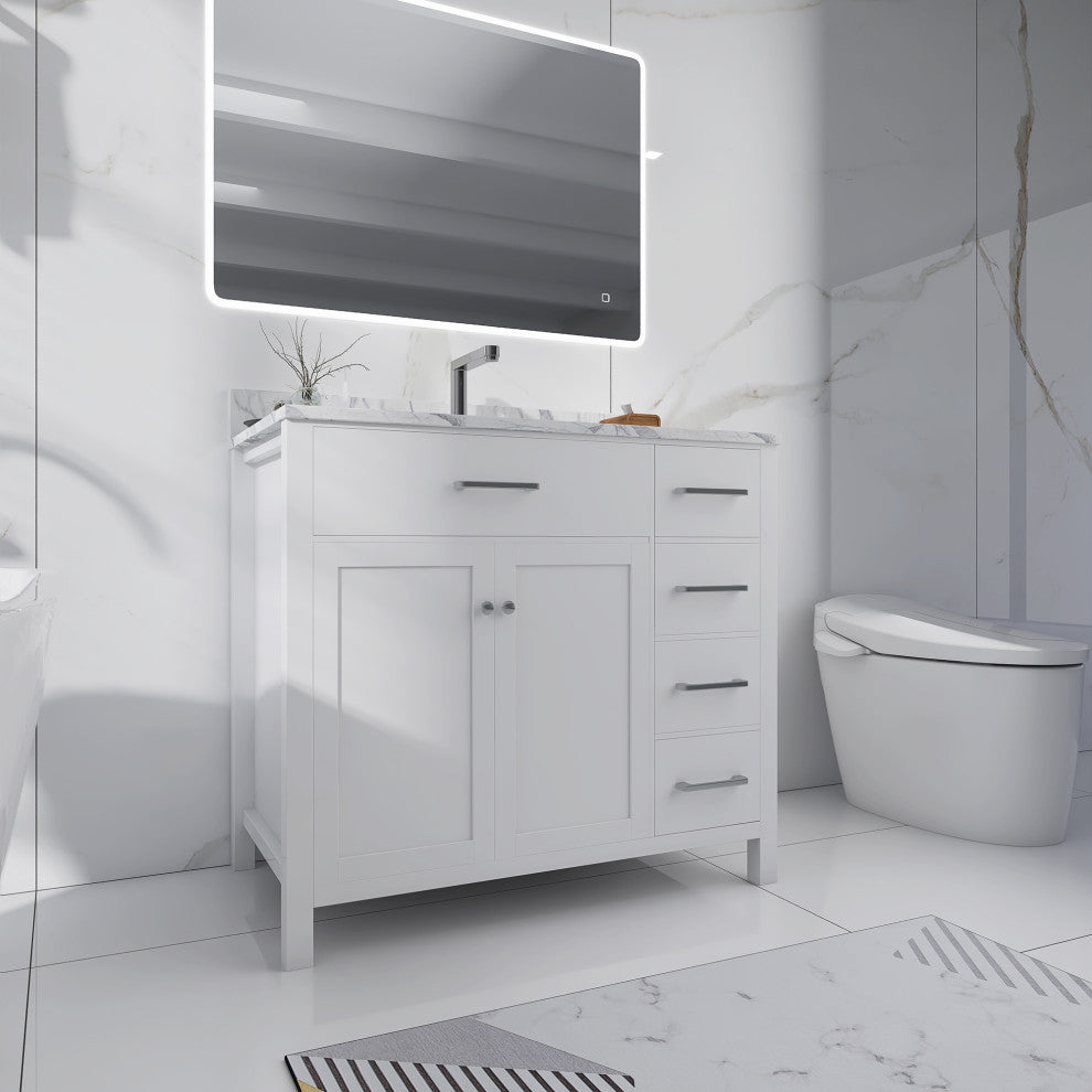 36" W x 22" D x 33" H Bath Vanity, White With Carrara White Marble