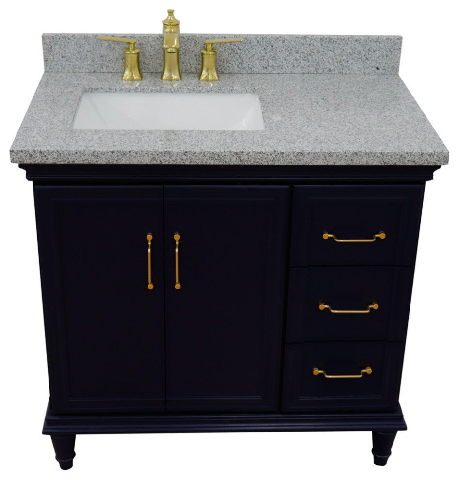 37" Single Vanity, Blue Finish With Gray Granite