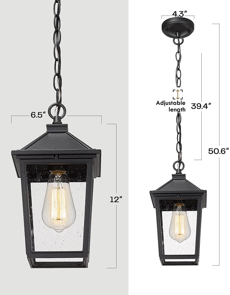Farmhouse Exterior Hanging Porch Light, Black Chandelier, Seeded Glass Shade