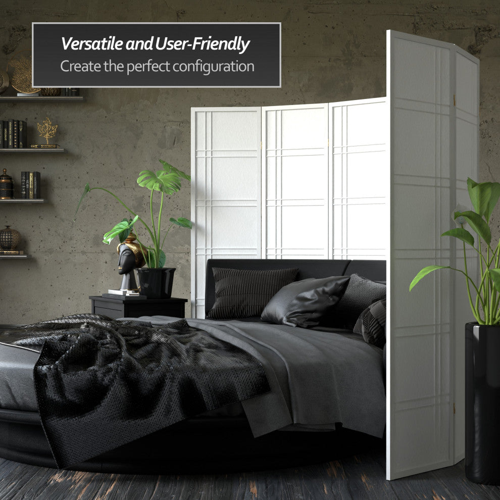6' Tall Double Cross Shoji Screen, White, 4 Panels