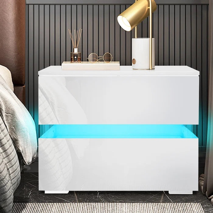 Modern LED Light Nightstand w/2 Drawers with 20 Colors, White