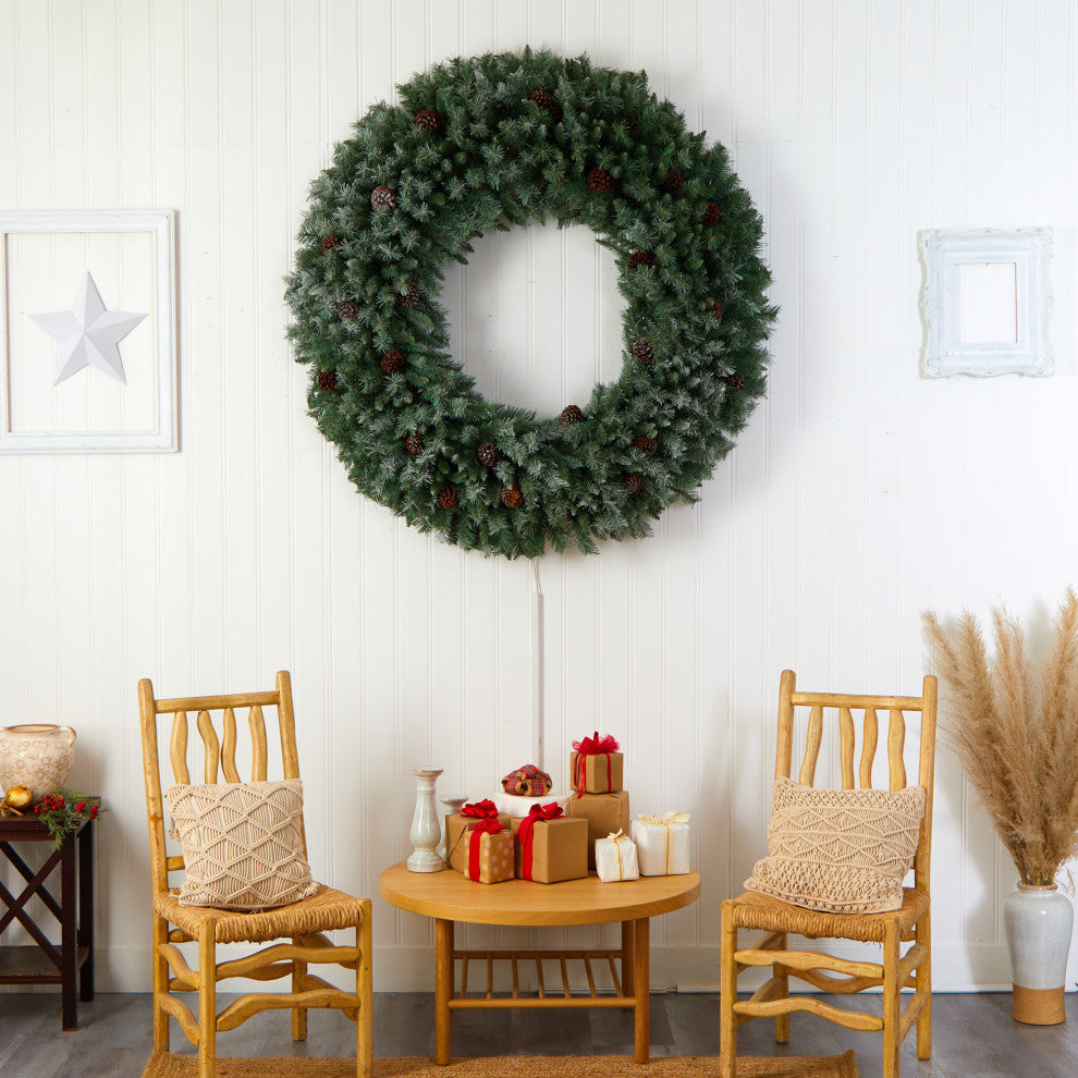 5' Giant Flocked Faux Xmas Wreath W/ Pinecones, Clear Lights & Bendable Branches