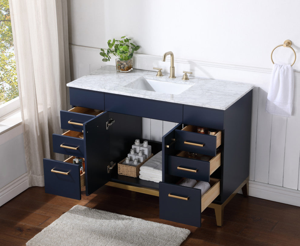 Enigma 48" W Freestanding Bath Vanity, Blue With White Carrara Marble Top