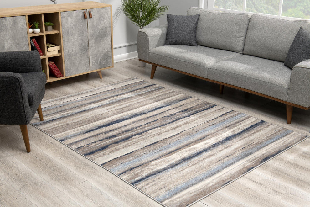 8"x11" Blue and Beige Distressed Stripes Area Rug
