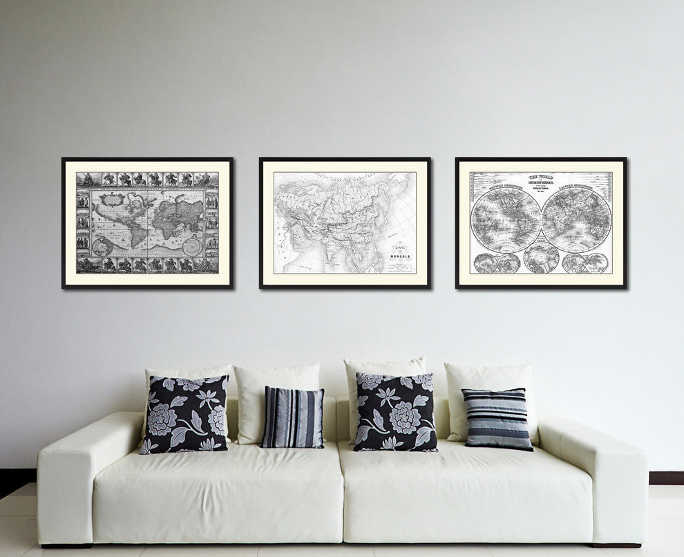 Mongolian Empire Asia Map Print On Canvas With Black Custom Frame, 28" X 37"