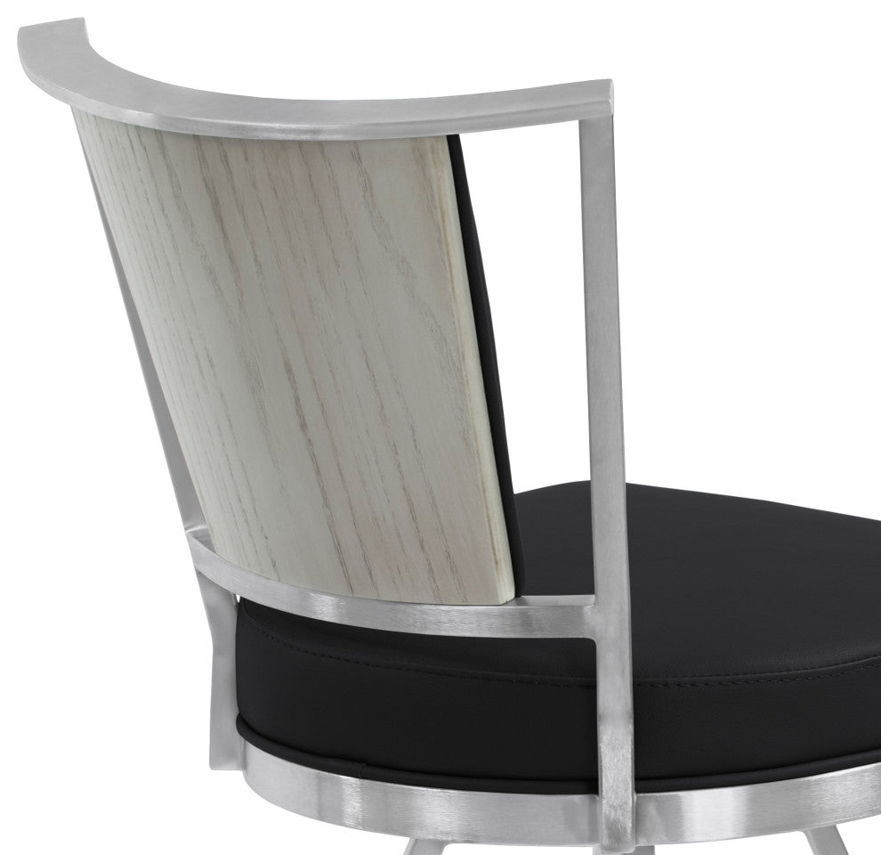 30" Sleek Black Faux Leather Brushed Stainless Steel Bar Stool
