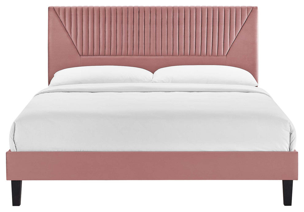 Yasmine Channel Tufted Performance Velvet Twin Platform Bed, Dusty Rose