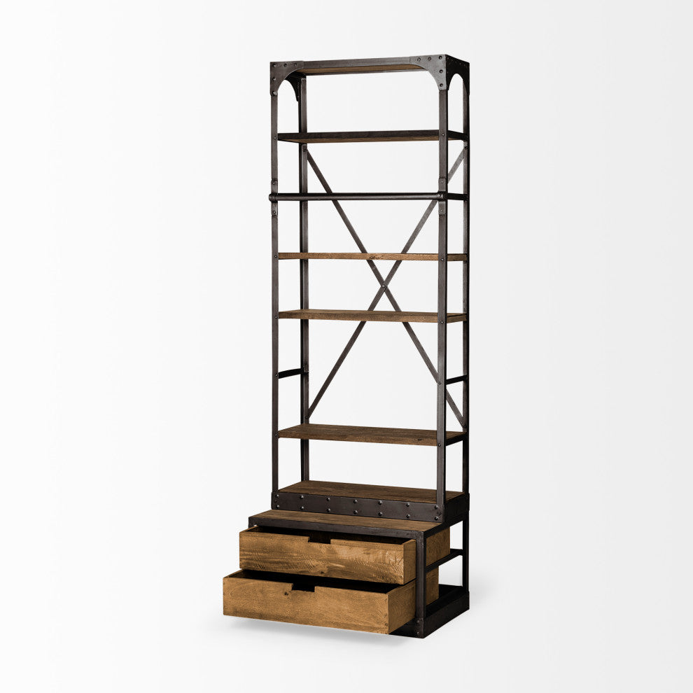 Brodie I Medium Brown Wood Copper Accent Four Shelf Shelving Unit 32L x 22W x 94