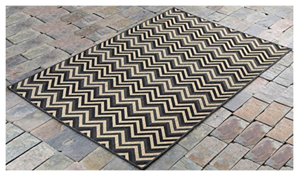 Geometric Zigzag Ocean Blue Indoor & Outdoor Area Rug 1112, Charcoal, 4'5"x7'