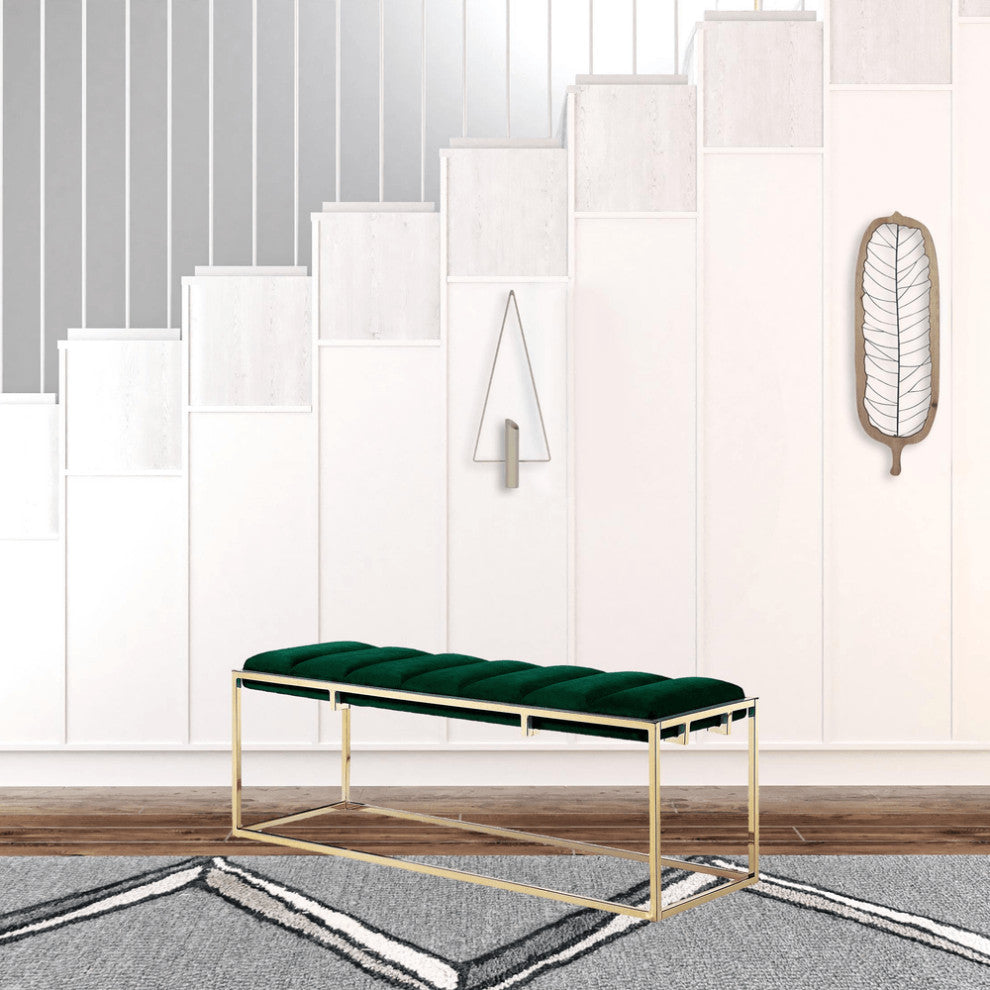 50" Green And Gold Upholstered Velvet Bench