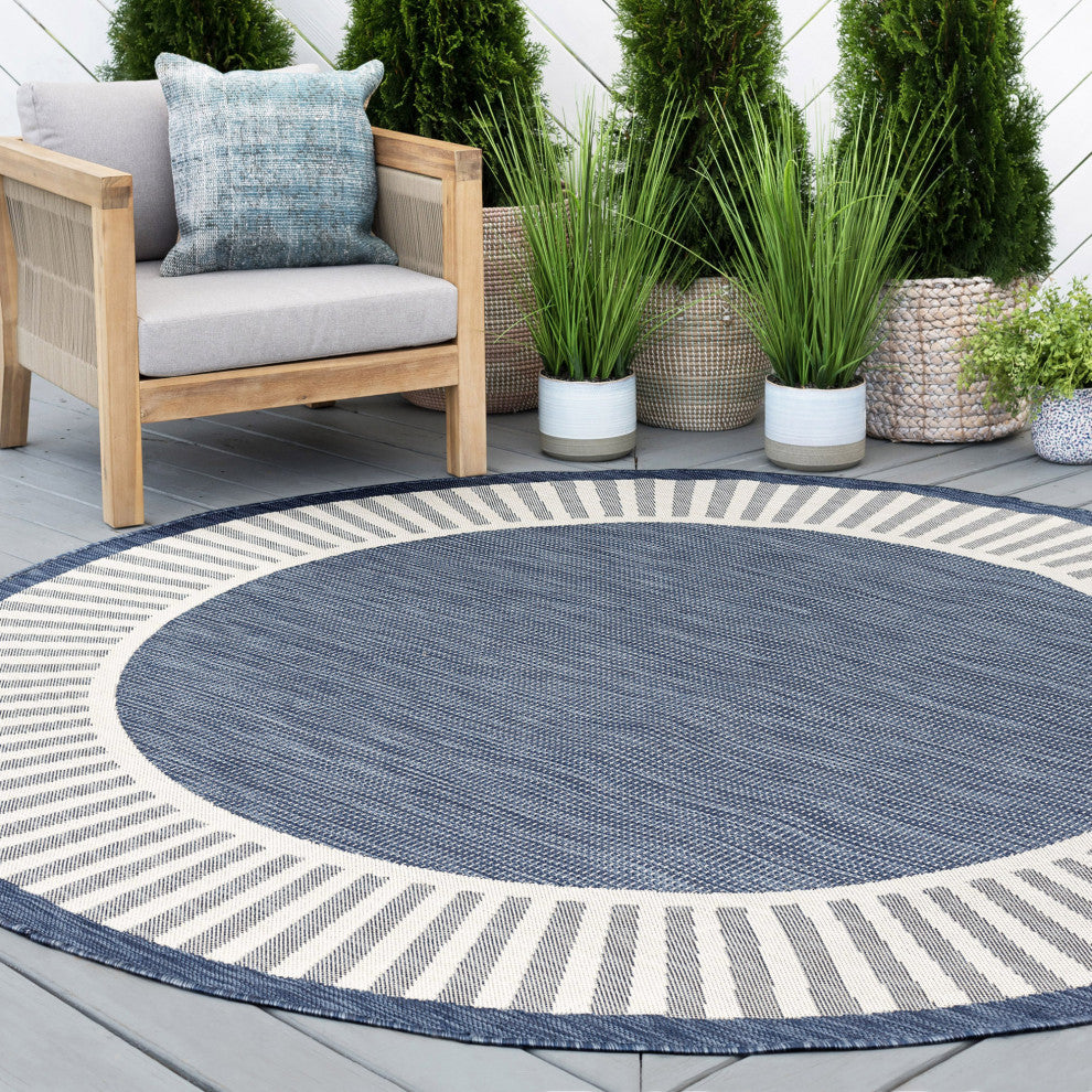 Elgin Transitional Striped Border Navy/Cream Round Indoor/Outdoor Area Rug, 8'