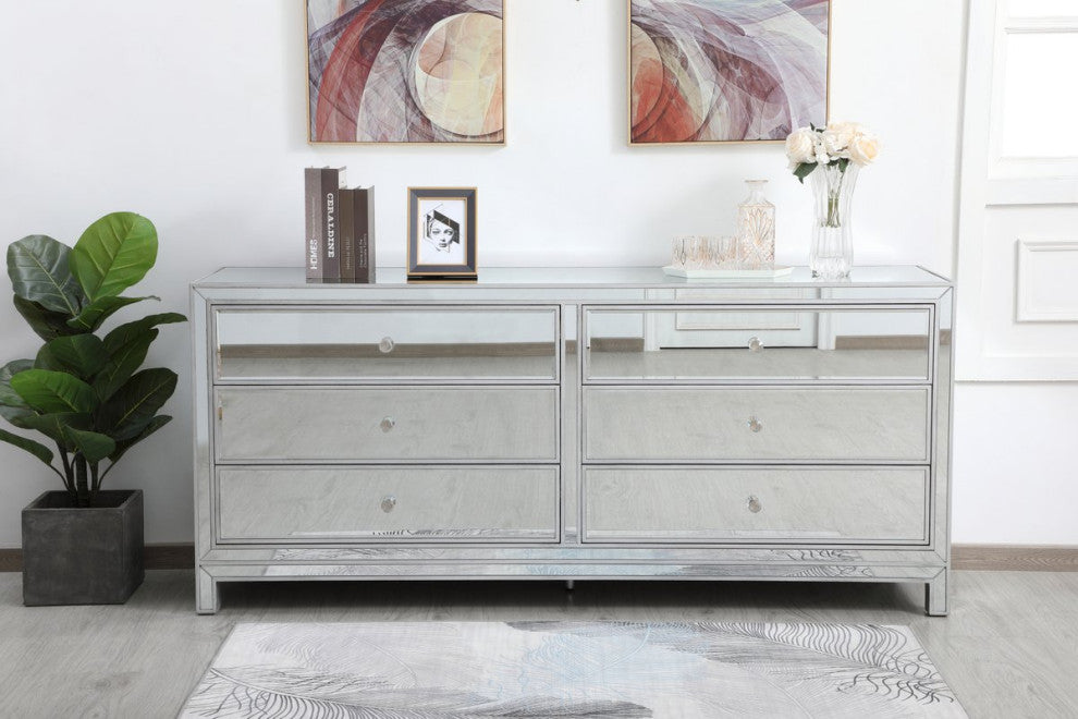 Rosie 72" Mirrored 6-Drawer Chest, Antique Silver
