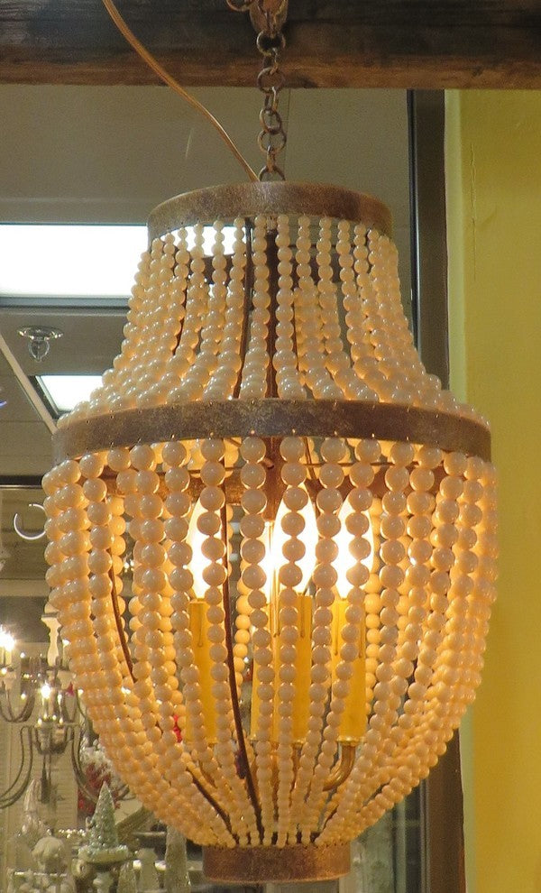 20" Iron Cream Beaded Pendant Chandelier, Romantic Pearl 4-Light Antique