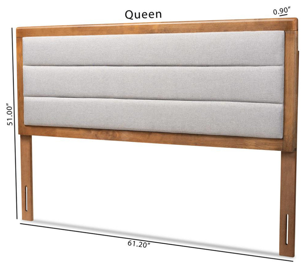 Light Grey Fabric Upholstered and Walnut Brown Finished Wood King Size Headboard
