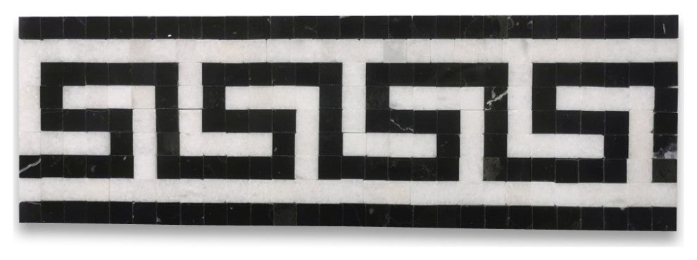 Greek Key Thassos White Nero Marquina Black Marble Mosaic Border Tile, 1 piece