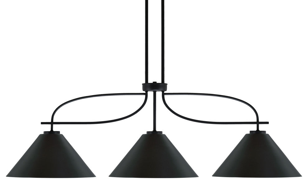 Cavella 3 Light Island Light, Matte Black Finish, 14" Matte Black Metal Shades