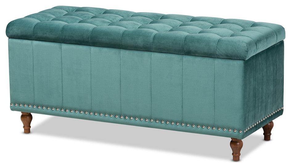 Modern Teal Blue Velvet Fabric Upholstered Button-Tufted Storage Ottoman Bench