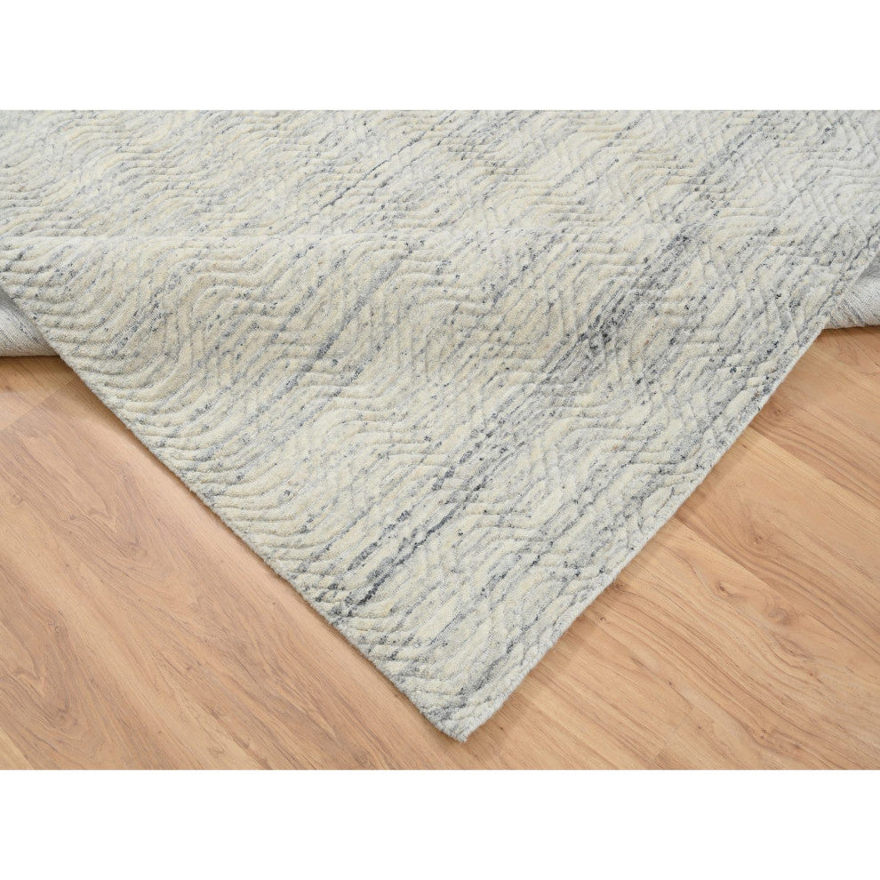 Beige Variegated Textured Modern Design Pure Wool Hand Loomed Rug, 6'1"x9'0"
