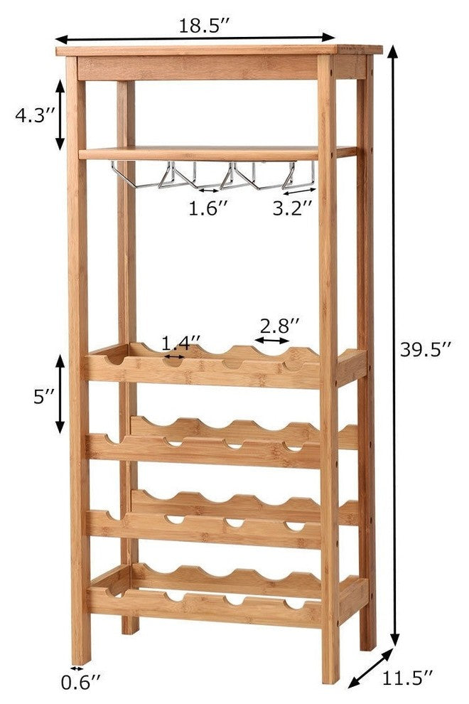 Modern 16 Bottles Bamboo Storage Wine Rack With Glass Hanger
