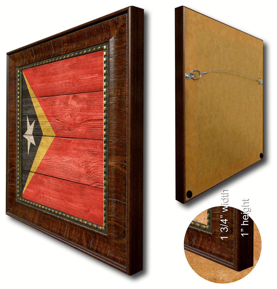East Timor Country Textured Flag Print With Brown Gold Frame, 19"X27"