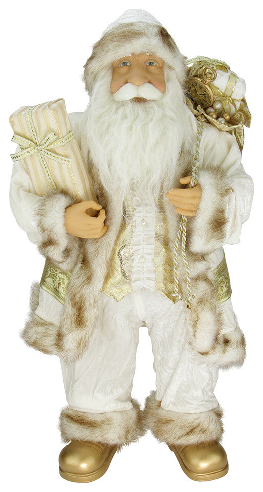 24" Standing Santa In Ivory And Gold Holding A Gift And Gift Bag