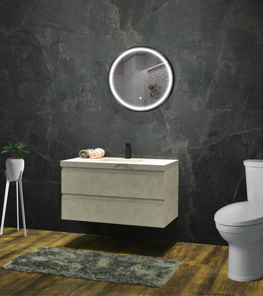 Large Round LED Lighted Bath Vanity Mirror, Black, 28"