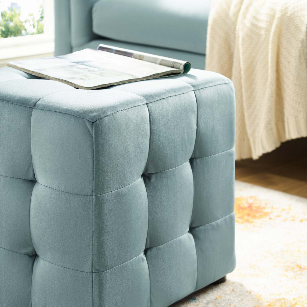Modern Designer Lounge Accent Chair Ottoman, Velvet Fabric, Light Blue