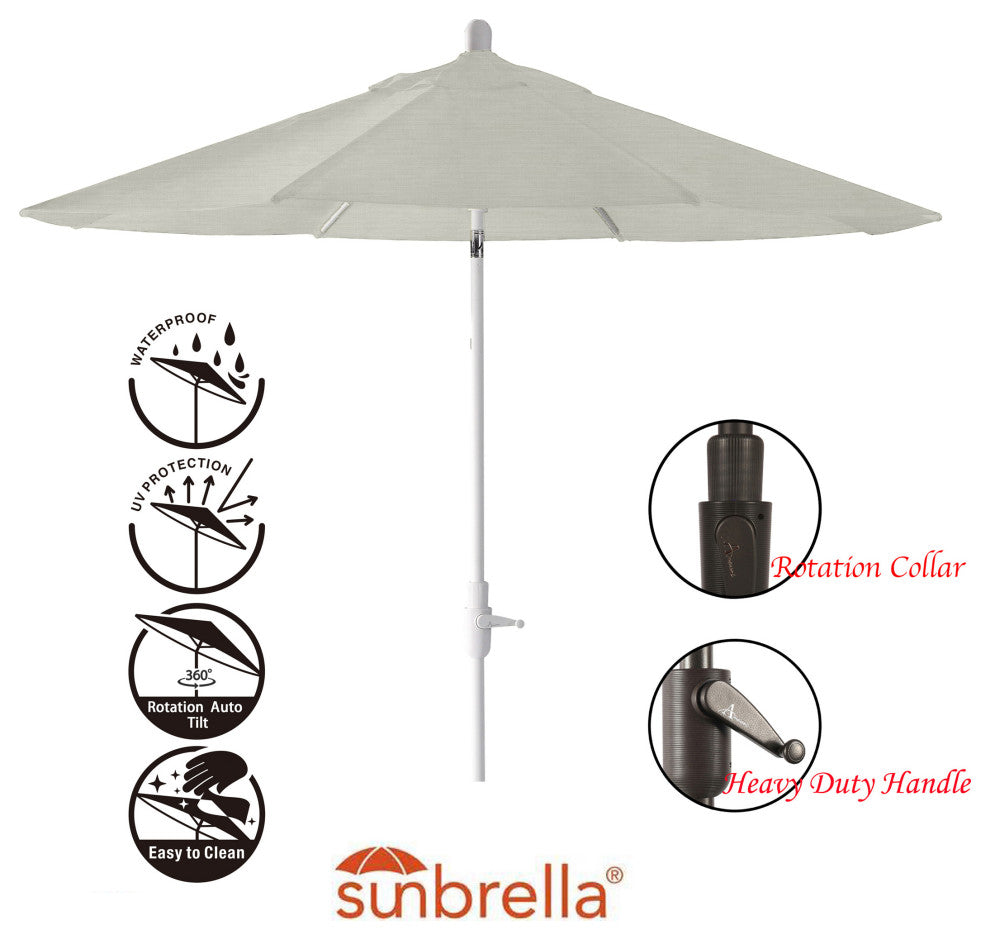 9' Round 360 Rotating Auto Tilt Umbrella, White, Sunbrella, Natural