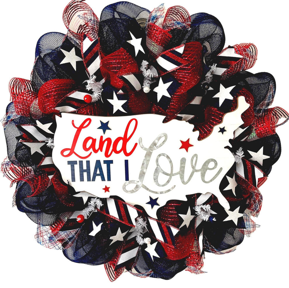 Land That I Love Patriotic Handmade Deco Mesh Wreath, 28 Inch