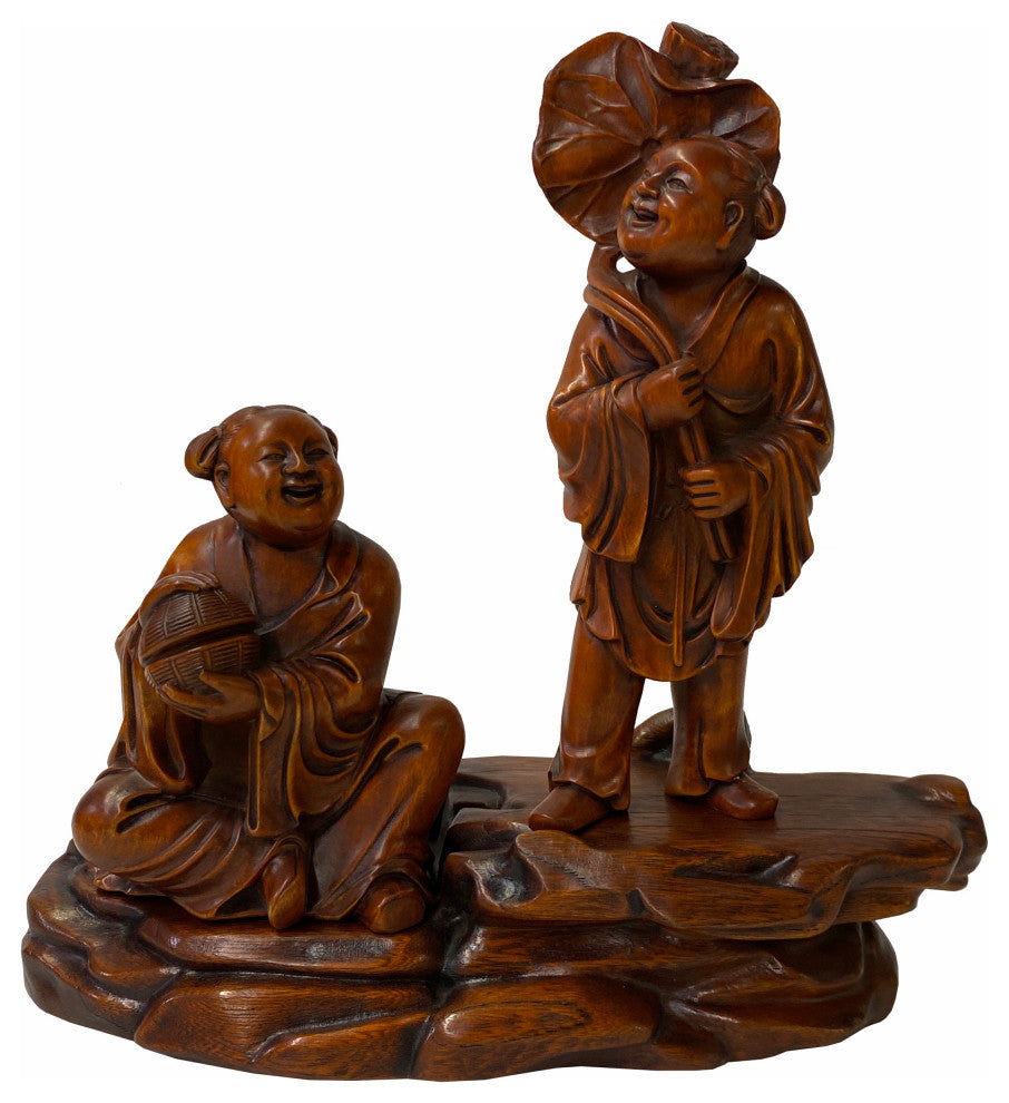 Chinese Oriental Wood Artistic Golden Kids Carving Display Figure Art Hws1843