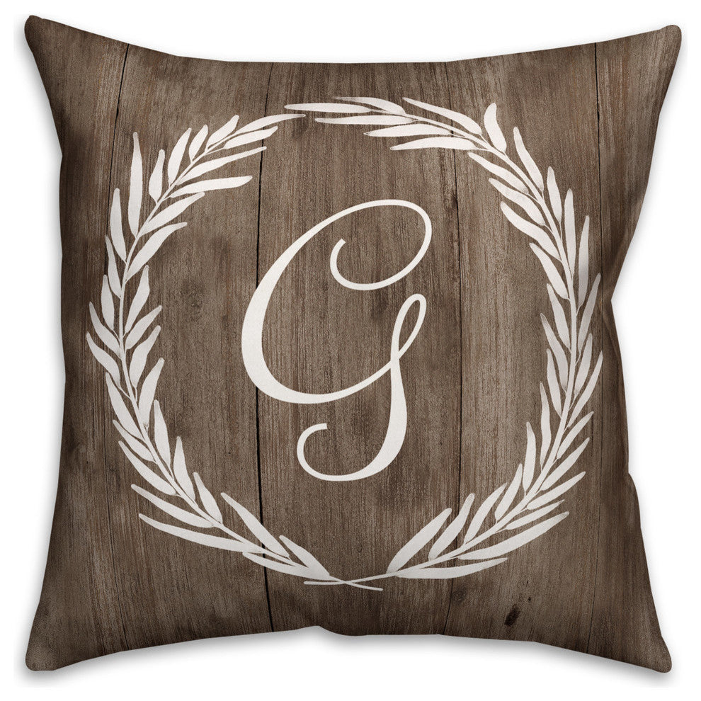 Faux Wood White Wreath - Monogram G 18x18 Spun Poly Pillow